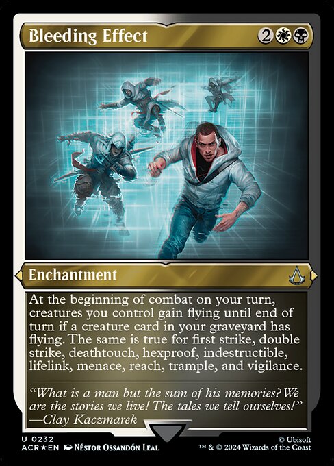 At the beginning of combat on your turn, creatures you control gain flying until end of turn if a creature card in your graveyard has flying. The same is true for first strike, double strike, deathtouch, hexproof, indestructible, lifelink, menace, reach, trample, and vigilance.