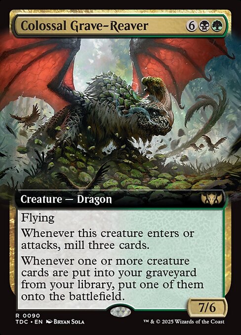 Flying
Whenever this creature enters or attacks, mill three cards.
Whenever one or more creature cards are put into your graveyard from your library, put one of them onto the battlefield.