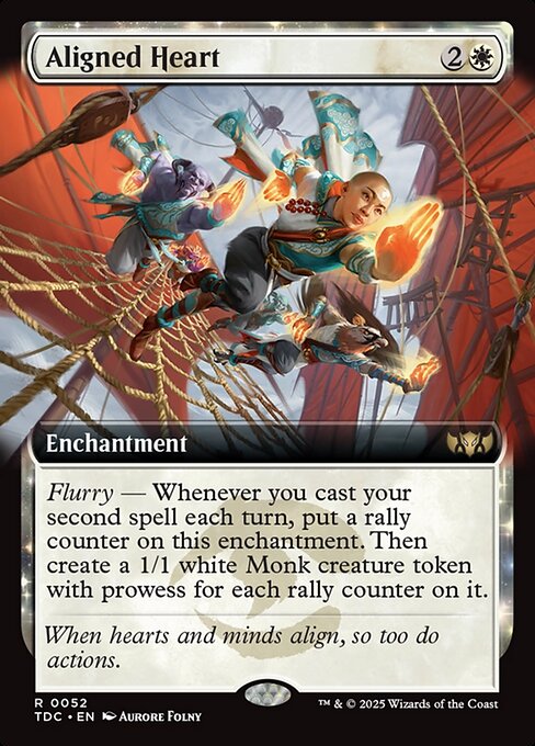 Flurry — Whenever you cast your second spell each turn, put a rally counter on this enchantment. Then create a 1/1 white Monk creature token with prowess for each rally counter on it. (Whenever you cast a noncreature spell, the token gets +1/+1 until end of turn.)