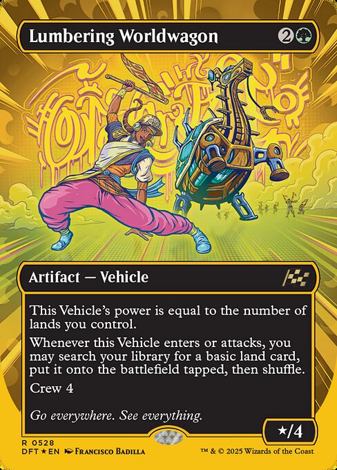 This Vehicle's power is equal to the number of lands you control.
Whenever this Vehicle enters or attacks, you may search your library for a basic land card, put it onto the battlefield tapped, then shuffle.
Crew 4
