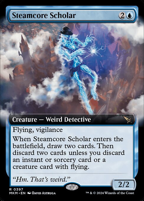 Flying, vigilance
When Steamcore Scholar enters the battlefield, draw two cards. Then discard two cards unless you discard an instant or sorcery card or a creature card with flying.