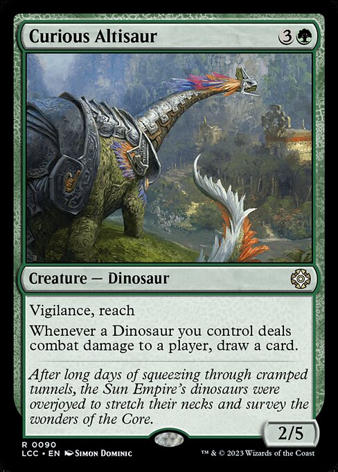 Vigilance, reach
Whenever a Dinosaur you control deals combat damage to a player, draw a card.