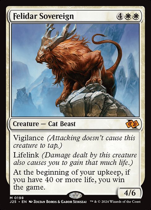 Vigilance (Attacking doesn't cause this creature to tap.)
Lifelink (Damage dealt by this creature also causes you to gain that much life.)
At the beginning of your upkeep, if you have 40 or more life, you win the game.