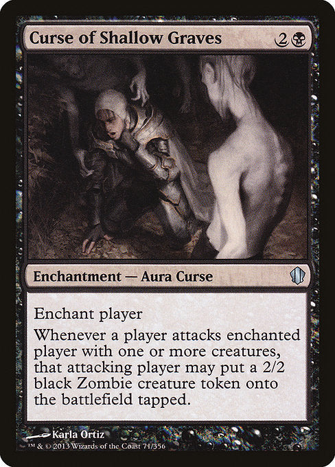 Enchant player
Whenever a player attacks enchanted player with one or more creatures, that attacking player may create a tapped 2/2 black Zombie creature token.