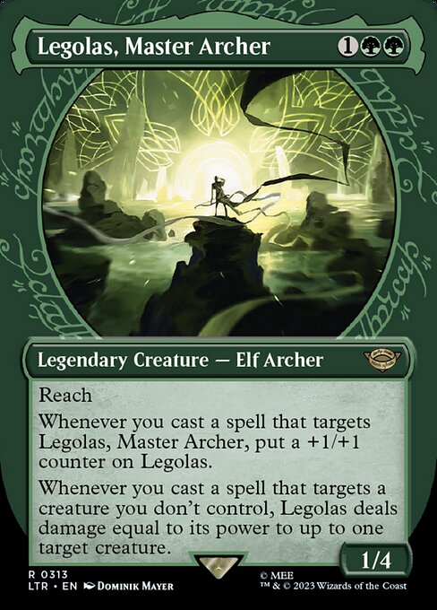 Reach
Whenever you cast a spell that targets Legolas, Master Archer, put a +1/+1 counter on Legolas.
Whenever you cast a spell that targets a creature you don't control, Legolas deals damage equal to its power to up to one target creature.