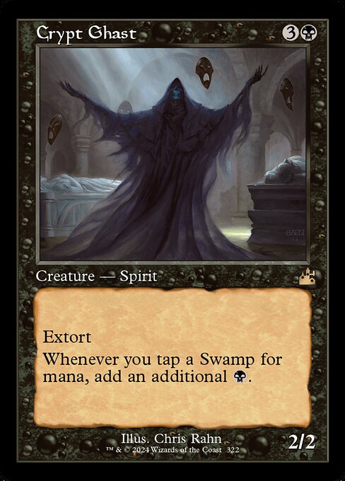 Extort (Whenever you cast a spell, you may pay {W/B}. If you do, each opponent loses 1 life and you gain that much life.)
Whenever you tap a Swamp for mana, add an additional {B}.