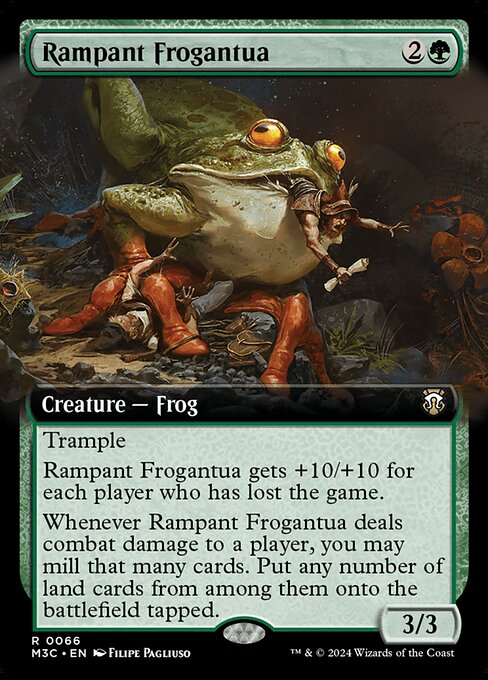 Trample
Rampant Frogantua gets +10/+10 for each player who has lost the game.
Whenever Rampant Frogantua deals combat damage to a player, you may mill that many cards. Put any number of land cards from among them onto the battlefield tapped.
