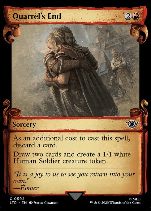 As an additional cost to cast this spell, discard a card.
Draw two cards and create a 1/1 white Human Soldier creature token.