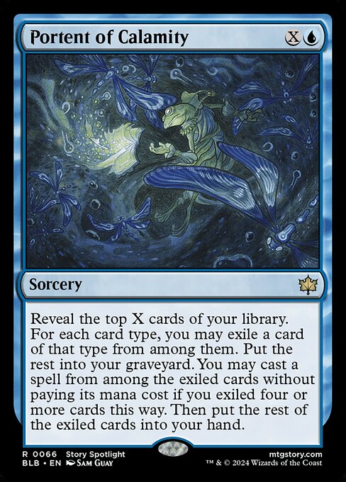 Reveal the top X cards of your library. For each card type, you may exile a card of that type from among them. Put the rest into your graveyard. You may cast a spell from among the exiled cards without paying its mana cost if you exiled four or more cards this way. Then put the rest of the exiled cards into your hand.