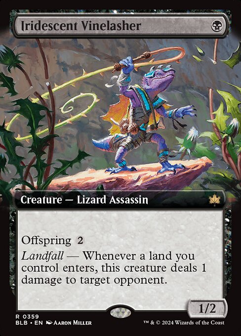 Offspring {2} (You may pay an additional {2} as you cast this spell. If you do, when this creature enters, create a 1/1 token copy of it.)
Landfall — Whenever a land you control enters, this creature deals 1 damage to target opponent.