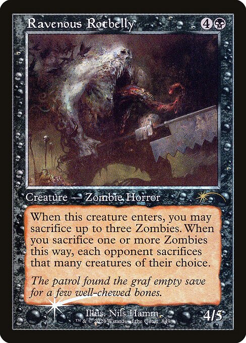When this creature enters, you may sacrifice up to three Zombies. When you sacrifice one or more Zombies this way, each opponent sacrifices that many creatures of their choice.