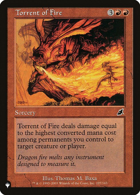 Torrent of Fire deals damage to any target equal to the highest mana value among permanents you control.