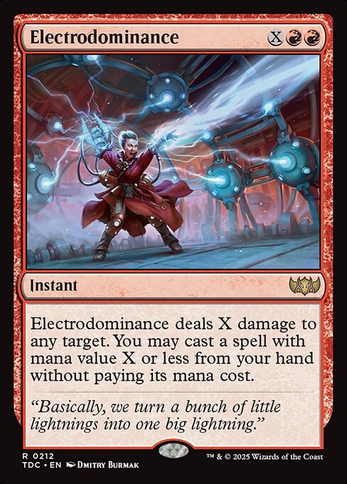 Electrodominance deals X damage to any target. You may cast a spell with mana value X or less from your hand without paying its mana cost.