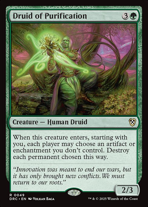 When this creature enters, starting with you, each player may choose an artifact or enchantment you don't control. Destroy each permanent chosen this way.