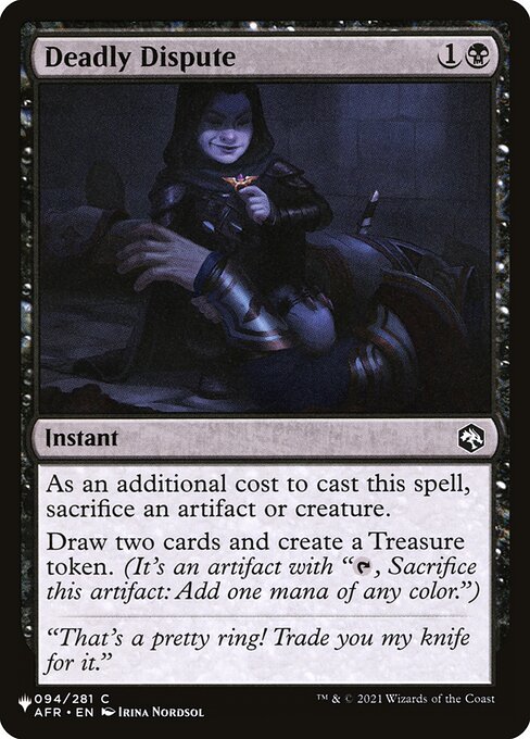 As an additional cost to cast this spell, sacrifice an artifact or creature.
Draw two cards and create a Treasure token. (It's an artifact with "{T}, Sacrifice this artifact: Add one mana of any color.")