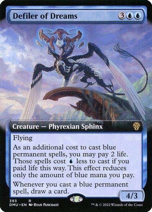 Flying
As an additional cost to cast blue permanent spells, you may pay 2 life. Those spells cost {U} less to cast if you paid life this way. This effect reduces only the amount of blue mana you pay.
Whenever you cast a blue permanent spell, draw a card.