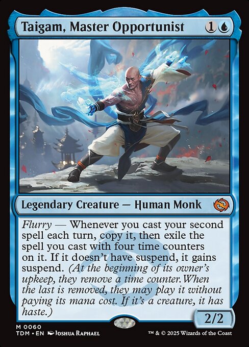 Flurry — Whenever you cast your second spell each turn, copy it, then exile the spell you cast with four time counters on it. If it doesn't have suspend, it gains suspend. (At the beginning of its owner's upkeep, they remove a time counter. When the last is removed, they may play it without paying its mana cost. If it's a creature, it has haste.)