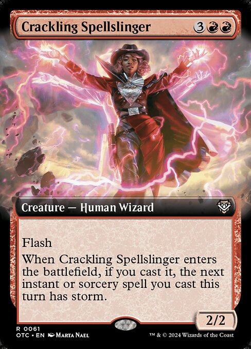 Flash
When Crackling Spellslinger enters the battlefield, if you cast it, the next instant or sorcery spell you cast this turn has storm. (When you cast that spell, copy it for each spell cast before it this turn. You may choose new targets for the copies.)