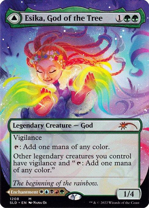 Vigilance
{T}: Add one mana of any color.
Other legendary creatures you control have vigilance and "{T}: Add one mana of any color." At the beginning of your upkeep, reveal cards from the top of your library until you reveal a creature or planeswalker card. Put that card onto the battlefield and the rest on the bottom of your library in a random order.