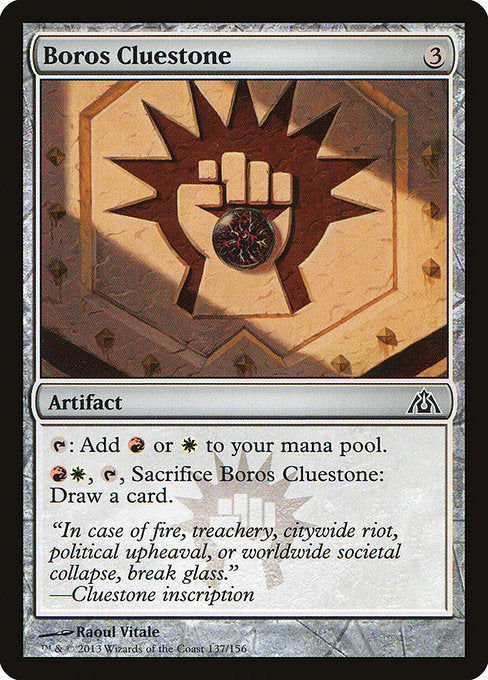 {T}: Add {R} or {W}.
{R}{W}, {T}, Sacrifice Boros Cluestone: Draw a card.