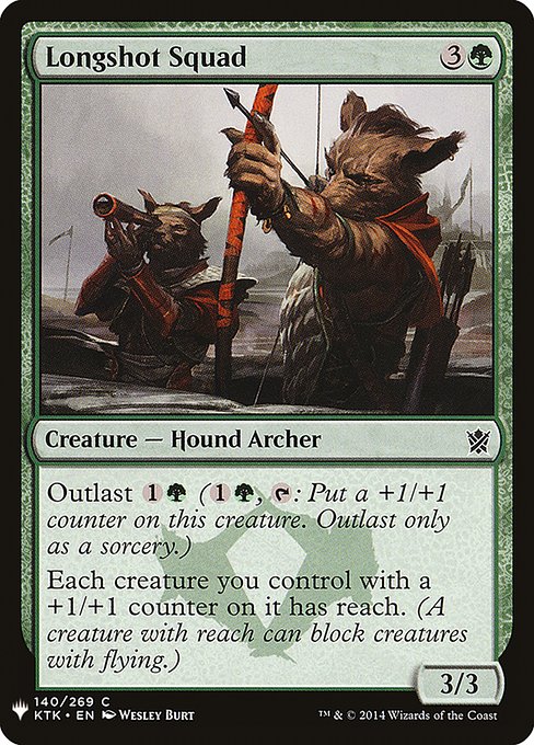 Outlast {1}{G} ({1}{G}, {T}: Put a +1/+1 counter on this creature. Outlast only as a sorcery.)
Each creature you control with a +1/+1 counter on it has reach. (A creature with reach can block creatures with flying.)