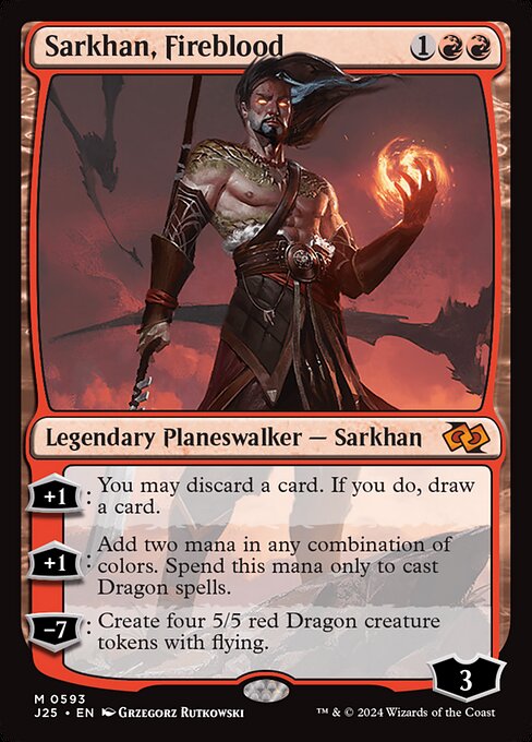 +1: You may discard a card. If you do, draw a card.
+1: Add two mana in any combination of colors. Spend this mana only to cast Dragon spells.
−7: Create four 5/5 red Dragon creature tokens with flying.