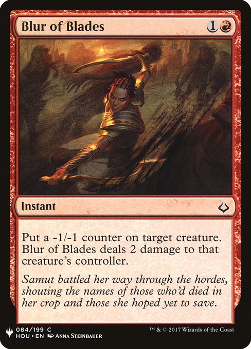 Put a -1/-1 counter on target creature. Blur of Blades deals 2 damage to that creature's controller.
