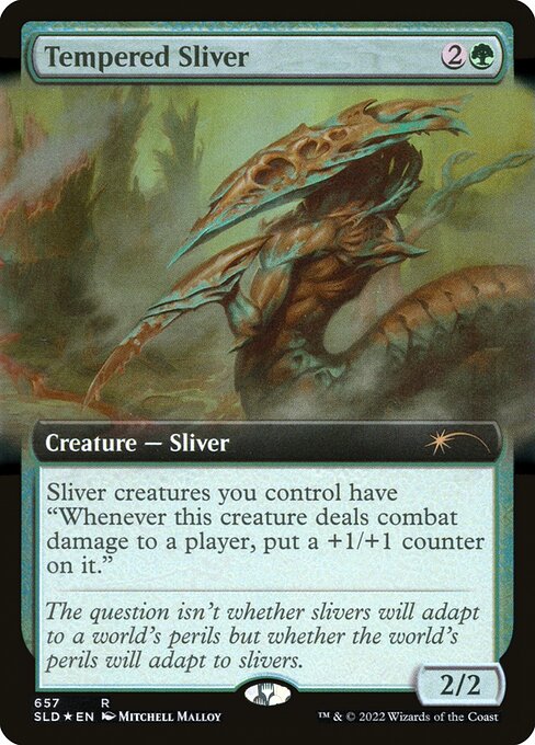 Sliver creatures you control have "Whenever this creature deals combat damage to a player, put a +1/+1 counter on it."