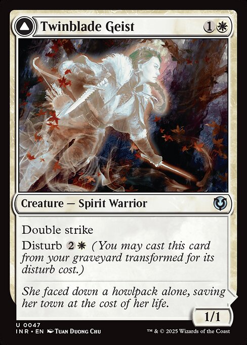 Double strike
Disturb {2}{W} (You may cast this card from your graveyard transformed for its disturb cost.)   Enchant creature
Enchanted creature has double strike.
If Twinblade Invocation would be put into a graveyard from anywhere, exile it instead.