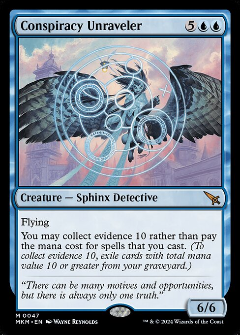 Flying
You may collect evidence 10 rather than pay the mana cost for spells that you cast. (To collect evidence 10, exile cards with total mana value 10 or greater from your graveyard.)