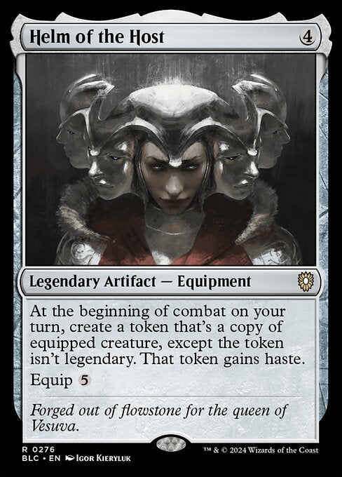 At the beginning of combat on your turn, create a token that's a copy of equipped creature, except the token isn't legendary. That token gains haste.
Equip {5}