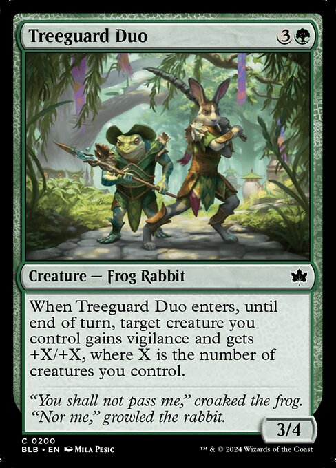 When Treeguard Duo enters, until end of turn, target creature you control gains vigilance and gets +X/+X, where X is the number of creatures you control.