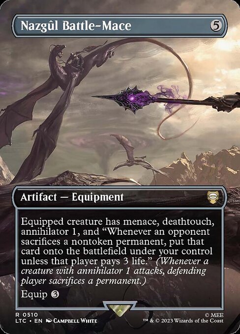 Equipped creature has menace, deathtouch, annihilator 1, and "Whenever an opponent sacrifices a nontoken permanent, put that card onto the battlefield under your control unless that player pays 3 life." (Whenever a creature with annihilator 1 attacks, defending player sacrifices a permanent.)
Equip {3}