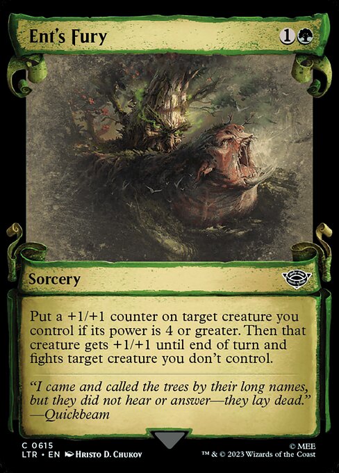 Put a +1/+1 counter on target creature you control if its power is 4 or greater. Then that creature gets +1/+1 until end of turn and fights target creature you don't control.