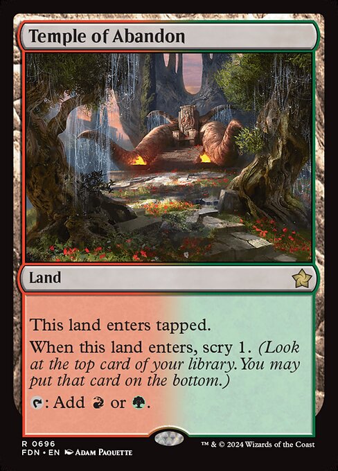This land enters tapped.
When this land enters, scry 1. (Look at the top card of your library. You may put that card on the bottom.)
{T}: Add {R} or {G}.