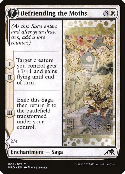 (As this Saga enters and after your draw step, add a lore counter.)
I, II — Target creature you control gets +1/+1 and gains flying until end of turn.
III — Exile this Saga, then return it to the battlefield transformed under your control. Flying