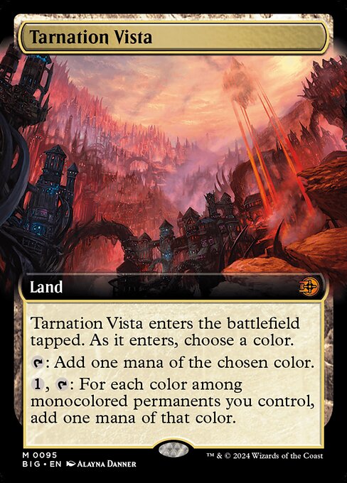 Tarnation Vista enters the battlefield tapped. As it enters, choose a color.
{T}: Add one mana of the chosen color.
{1}, {T}: For each color among monocolored permanents you control, add one mana of that color.