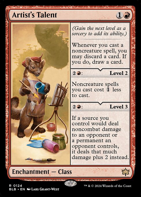 (Gain the next level as a sorcery to add its ability.)
Whenever you cast a noncreature spell, you may discard a card. If you do, draw a card.
{2}{R}: Level 2
Noncreature spells you cast cost {1} less to cast.
{2}{R}: Level 3
If a source you control would deal noncombat damage to an opponent or a permanent an opponent controls, it deals that much damage plus 2 instead.