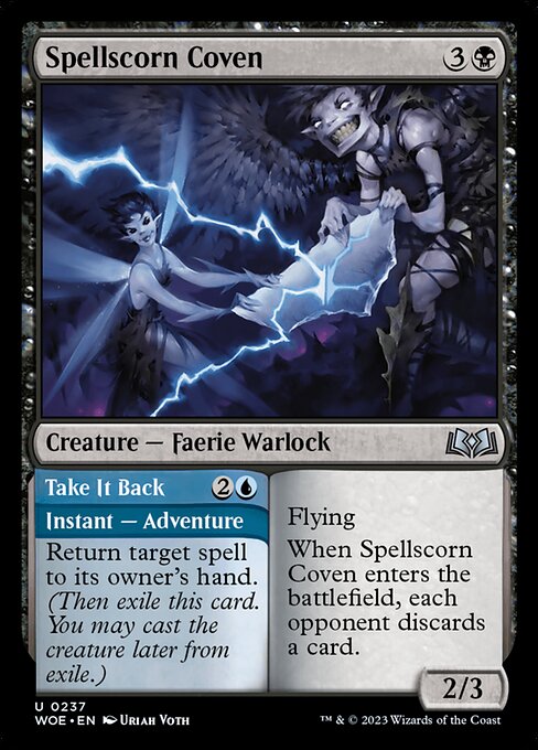 Flying
When Spellscorn Coven enters the battlefield, each opponent discards a card. Return target spell to its owner's hand. (Then exile this card. You may cast the creature later from exile.)