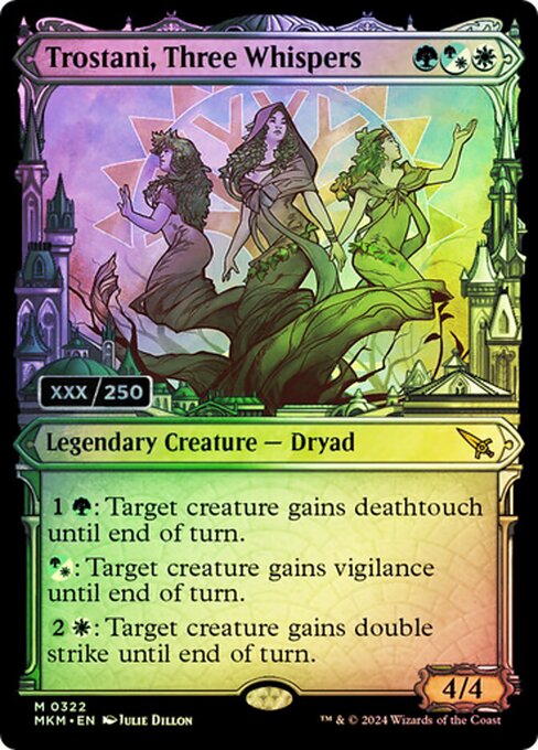 {1}{G}: Target creature gains deathtouch until end of turn.
{G/W}: Target creature gains vigilance until end of turn.
{2}{W}: Target creature gains double strike until end of turn.