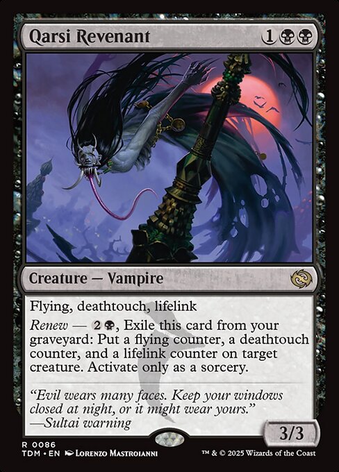 Flying, deathtouch, lifelink
Renew — {2}{B}, Exile this card from your graveyard: Put a flying counter, a deathtouch counter, and a lifelink counter on target creature. Activate only as a sorcery.