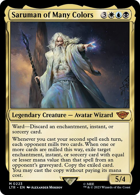 Ward—Discard an enchantment, instant, or sorcery card.
Whenever you cast your second spell each turn, each opponent mills two cards. When one or more cards are milled this way, exile target enchantment, instant, or sorcery card with equal or lesser mana value than that spell from an opponent's graveyard. Copy the exiled card. You may cast the copy without paying its mana cost.