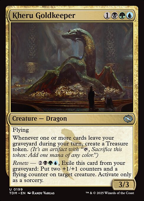 Flying
Whenever one or more cards leave your graveyard during your turn, create a Treasure token. (It's an artifact with "{T}, Sacrifice this token: Add one mana of any color.")
Renew — {2}{B}{G}{U}, Exile this card from your graveyard: Put two +1/+1 counters and a flying counter on target creature. Activate only as a sorcery.