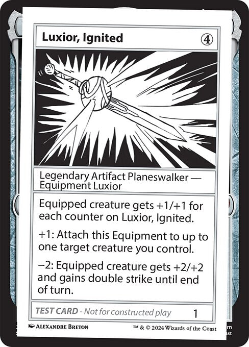 Equipped creature gets +1/+1 for each counter on Luxior, Ignited.
+1: Attach this Equipment to up to one target creature you control.
−2: Equipped creature gets +2/+2 and gains double strike until end of turn.