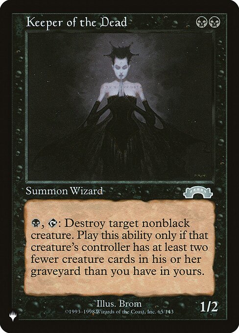 {B}, {T}: Choose target opponent who has at least two fewer creature cards in their graveyard than you do as you activate this ability. Destroy target nonblack creature that player controls.