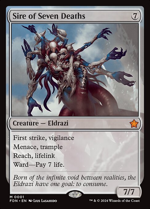 First strike, vigilance
Menace, trample
Reach, lifelink
Ward—Pay 7 life.