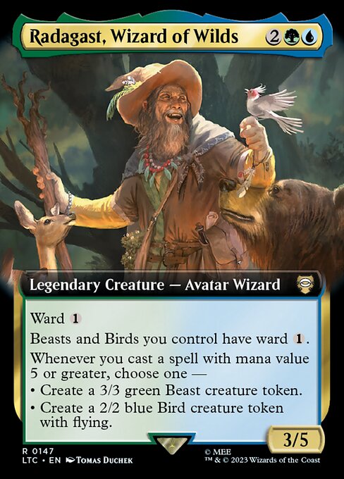 Ward {1}
Beasts and Birds you control have ward {1}.
Whenever you cast a spell with mana value 5 or greater, choose one —
• Create a 3/3 green Beast creature token.
• Create a 2/2 blue Bird creature token with flying.