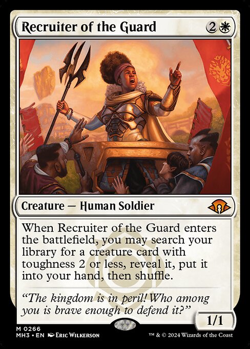 When Recruiter of the Guard enters the battlefield, you may search your library for a creature card with toughness 2 or less, reveal it, put it into your hand, then shuffle.