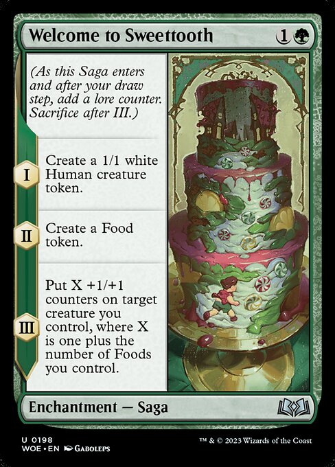 (As this Saga enters and after your draw step, add a lore counter. Sacrifice after III.)
I — Create a 1/1 white Human creature token.
II — Create a Food token.
III — Put X +1/+1 counters on target creature you control, where X is one plus the number of Foods you control.