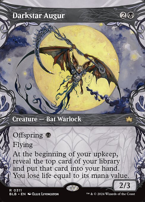 Offspring {B} (You may pay an additional {B} as you cast this spell. If you do, when this creature enters, create a 1/1 token copy of it.)
Flying
At the beginning of your upkeep, reveal the top card of your library and put that card into your hand. You lose life equal to its mana value.